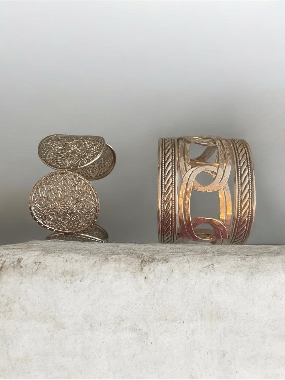 Silver Tone Decorative Cuff Bracelets - Set of 2